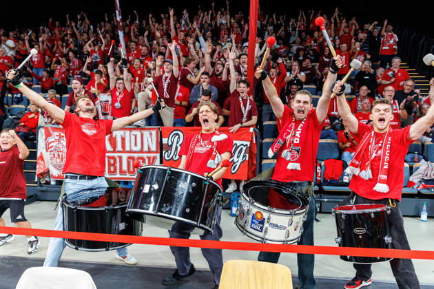 Fan, fans, spectators, cheering, cheers, positive emotions, positive emotion, symbolic image, symbolic photo, themed photo, themed image, drum, drummer, BMA365 Bamberg Baskets vs. Syntainics MBC, basketball, easyCredit BBL, Matchday 5, October 10, 2026 BMA365 Bamberg Baskets vs. Syntainics MBC, basketball, easyCredit BBL, Matchday 5, October 10, 2026 Bamberg Copyright: xEibner-Pressefoto G.xSantemizx EP_EER