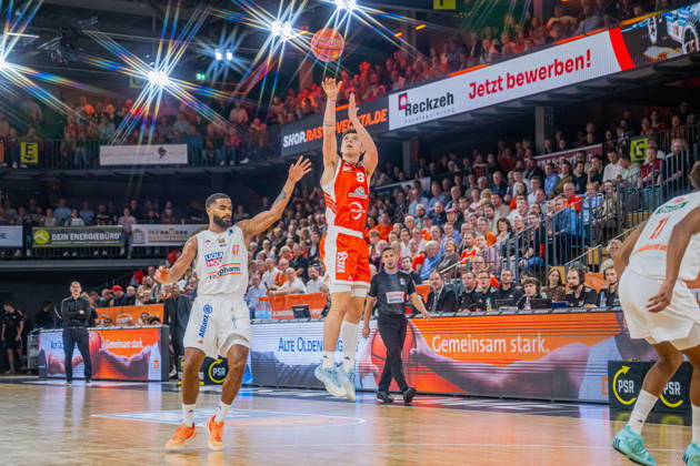 1 Basketball Bundesliga, easyCredit BBL, 2026–2027 Season, Men, Regular Season, Matchday 5, October 10, 2026, RASTA Vechta vs. ratiopharm Ulm, Dominik Dolic 8, RASTA Vechta taking a jump shot, Vechta, RASTA Dome, Lower Saxony, Germany