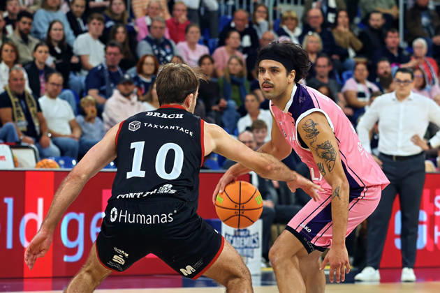 From left in a one-on-one matchup: Sebastian Brach (SBB Baskets Wolmirstedt), 10, Erol Ersek (MLP Academics Heidelberg), 11 GER BBL MLP Academics Heidelberg vs. SBB Baskets Wolmirstedt, Basketball Barmer 2, Basketball Bundesliga ProA, Matchday 4, 2026–2027 Season, October 10, 2026, GER, MLP Academics Heidelberg vs. SBB Baskets Wolmirstedt, Basketball Barmer 2 Basketball Bundesliga ProA Matchday 4, 2026–2027 season, October 10, 2026, Heidelberg Copyright: xEibner-Pressefoto JoergxHirschx EP_JHH