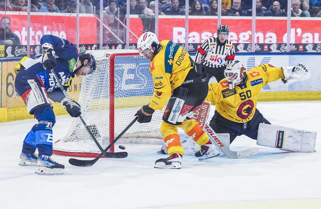 October 10, 2026, Quinto, Gottardo Arena, NL: HC Ambri Piotta vs. SC Bern; Andre Heim (Ambri) vs. Rodwin Dionicio (Bern); Quinto, Gottardo Arena, Ticino, Switzerland Copyright: xJustPictures.ch JarixPestelaccix jp-en-JaPe-JP6_JAr_NL_HCAP_SCBern_10Ott2026_000161