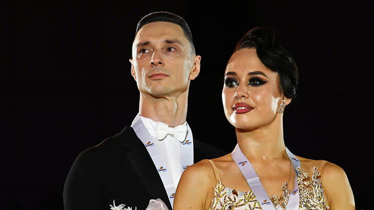 2026 World Standard Dance Championships in Leipzig, WDSF World Championships, October 10, 2026. Winners of the World Dance Championships in Leipzig, October 10, 2026: Gold medalists Vadim Shurin and Anastasia Meshkova from Latvia. Leipzig, Saxony, Germany. Leipzig Exhibition Center, Neue Messe Leipzig.