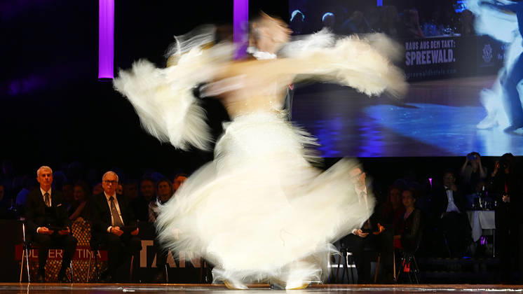 2026 World Standard Dance Championships in Leipzig, WDSF World Championships, October 10, 2026. Winners of the World Dance Championships in Leipzig on October 10, 2026: Gold medalists Vadim Shurin and Anastasia Meshkova from Latvia in action in Leipzig, Saxony, Germany, at the Leipzig Exhibition Center (Neue Messe Leipzig).