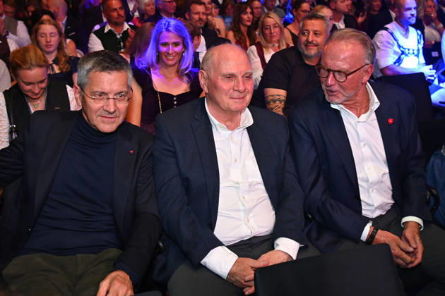 From left: Herbert HAINER, President of Bayern Munich; Uli HOENESS, Honorary President of Bayern Munich; Karl Heinz RUMMENIGGE, former CEO; Bavarian Sports Award 2026 at BMW Welt, Red Carpet on October 10, 2026