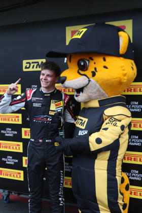 Hockenheim, Germany, October 9–11, 2026; 2026 DTM Season Finale at the Hockenheimring; Sunday, Qualifying 2; Pictured: Bastian Buus (DEN 29) in pole position, posing with the DTM Dash mascot at the Hockenheimring in Baden-Württemberg Copyright: xFotostandx xFWMEDIAx