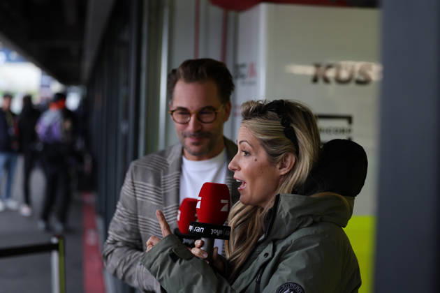 Hockenheim, Germany, October 9–11, 2026; DTM 2026 Season Finale at the Hockenheimring; Sunday, Qualifying 2. Pictured: Host Andrea Kaiser; in the background, expert Maximilian Götz Goetz; Hockenheimring, Baden-Württemberg Copyright: xFotostandx xFWMEDIAx
