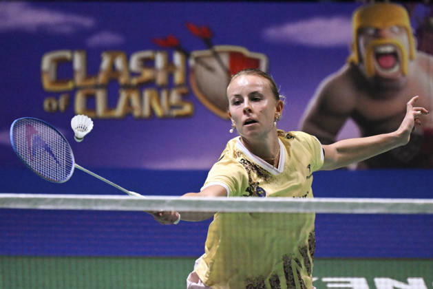 Mia Blichfeldt of Denmark hits a return during her women s singles match against Ratchanok Intanon of Thailand (not pictured) during the finals at the badminton Clash of Clans Arctic Open 2026 tournament in Vantaa, Finland, on October 11, 2026. - ANTTI AIMO-KOIVISTO Finland bvivRtV3cFw  Copyright: xAnttixAimo-Koivistox bvivRtV3cFw
