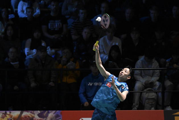Yushi Tanaka of Japan hits a return during the men s singles match against Anders Antonsen of Denmark (not pictured) during the finals at the badminton Clash of Clans Arctic Open 2026 tournament in Vantaa, Finland, on October 11, 2026. - ANTTI AIMO-KOIVISTO Finland _9ZoyRC84_s  Copyright: xAnttixAimo-Koivistox _9ZoyRC84_s