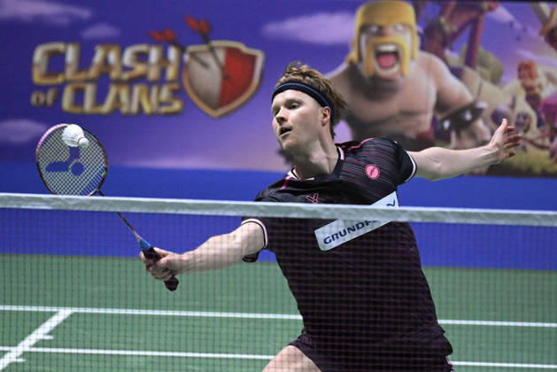 Anders Antonsen of Denmark hits a return during the men s singles match against Yushi Tanaka of Japan (not pictured) during the finals at the badminton Clash of Clans Arctic Open 2026 tournament in Vantaa, Finland, on October 11, 2026. - ANTTI AIMO-KOIVISTO Finland dHAeYG0vCuc  Copyright: xAnttixAimo-Koivistox dHAeYG0vCuc