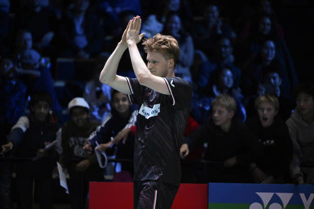 Anders Antonsen of Denmark reacts after winnig the men s singles match against Yushi Tanaka of Japan (not pictured) during the finals at the badminton Clash of Clans Arctic Open 2026 tournament in Vantaa, Finland, on October 11, 2026. - ANTTI AIMO-KOIVISTO Vantaa Finland 77s3iJmbBgA  Copyright: xAnttixAimo-Koivistox 77s3iJmbBgA