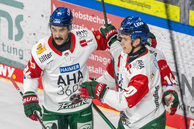Trevor Parkes (Augsburger Panther, 84), Donald D. J. Busdeker (Augsburger Panther, 14), and Philipp Krauss (Augsburger Panther, 20) celebrate the goal that made the score 1–0 in the game between the Krefeld Pinguine and the Augsburger Panther, ice hockey, Penny DEL, Matchday 8, 2026–2027 season, October 11, 2026: Krefeld Pinguine vs. Augsburger Panther, ice hockey, Penny DEL, Matchday 8, 2026–2027 season, October 11, 2026, Krefeld Copyright: xEibner-Pressefoto ThomasxHaeslerx EP_THR