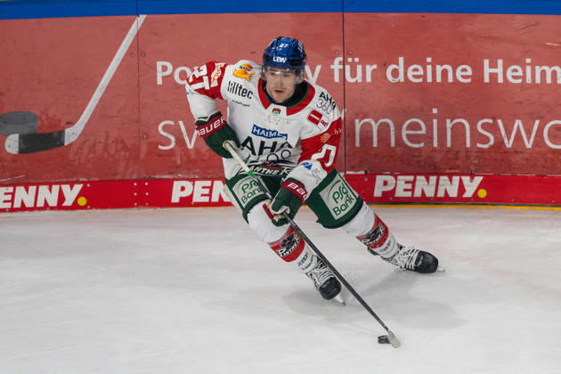 Kyle Mayhew, Augsburg Panthers, 27, with the puck: Krefeld Penguins vs. Augsburg Panthers, ice hockey, Penny DEL, Matchday 8, 2026–2027 season, October 11, 2026, Krefeld Pinguine vs. Augsburg Panthers, ice hockey, Penny DEL, Matchday 8, 2026–2027 season, October 11, 2026, Krefeld Copyright: xEibner-Pressefoto ThomasxHaeslerx EP_THR