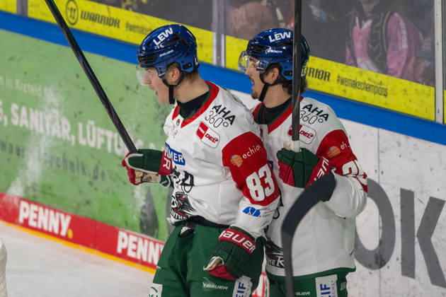 Sebastian Zwickl of the Augsburger Panther, 83, and Christian Hanke of the Augsburger Panther, 25, celebrate the goal that made the score 2–0. Krefeld Pinguine vs. Augsburger Panther, ice hockey, Penny DEL, Matchday 8, 2026–2027 season, October 11, 2026: Krefeld Pinguine vs. Augsburger Panther, ice hockey, Penny DEL, Matchday 8, 2026–2027 season, October 11, 2026, Krefeld Copyright: xEibner-Pressefoto ThomasxHaeslerx EP_THR