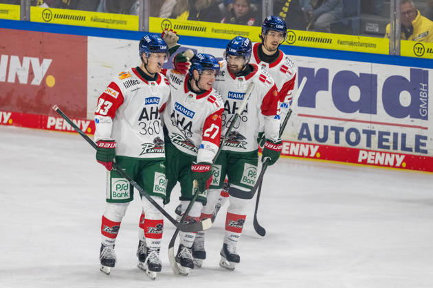 Sebastian Zwickl, Augsburg Panthers, 83; Kyle Mayhew, Augsburg Panthers, 27; Felix Maegaard Schell, Augsburg Panthers, 54, and Christian Hanke, Augsburg Panthers, 25, celebrate the goal that made it 2–0. Krefeld Pinguine vs. Augsburg Panthers, ice hockey, Penny DEL, Matchday 8, 2026–2027 season, October 11, 2026: Krefeld Pinguine vs. Augsburg Panthers, ice hockey, Penny DEL, Matchday 8, 2026–2027 season, October 11, 2026, Krefeld Copyright: xEibner-Pressefoto ThomasxHaeslerx EP_THR