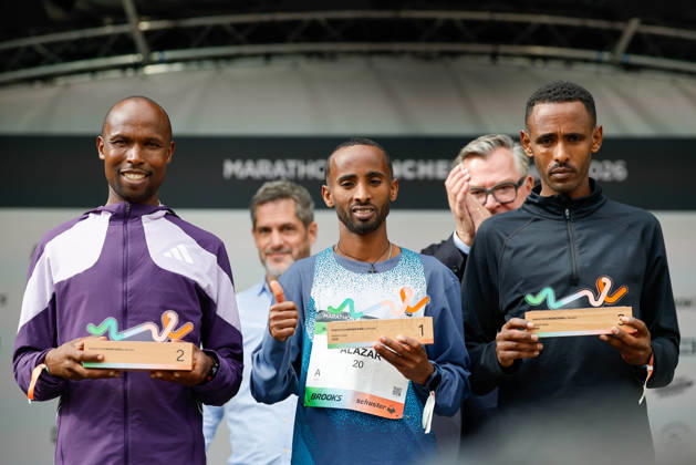 2026 Munich Marathon, Munich, October 11, 2026: Alazar TEREFA (ETH) won the 2026 Munich Marathon by a wide margin with a time of 02:10:51, followed by Hosea TUWEI (KEN) in 02:15:03 and Gebre MELSEA MULU (ETH) in 02:24:46. Hosea TUWEI (KEN), Fabian SCHÄFER, organizer and managing director of Laufstatt Event gGmbH, Josef SCHMID, Bavarian Minister of State for Justice, and Gebre MELSEA MULU (ETH), Munich, October 11, 2026 Copyright: xBEAUTIFULxSPORTS Kellererx