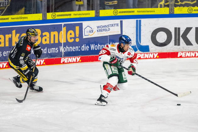 Adam Payerl of the Krefeld Pinguine (No. 90) attempts to engage in a battle for the puck with Ryan Button of the Augsburger Panther (No. 55). Krefeld Pinguine vs. Augsburger Panther, ice hockey, Penny DEL, Matchday 8, 2026–2027 season, October 11, 2026, Krefeld Pinguine vs. Augsburger Panther, ice hockey, Penny DEL, Matchday 8, 2026–2027 season, October 11, 2026, Krefeld Copyright: xEibner-Pressefoto ThomasxHaeslerx EP_THR