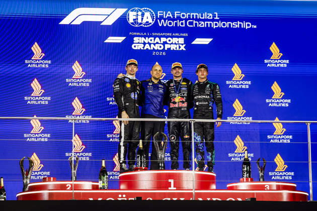 F1 - SINGAPORE GRAND PRIX 2026 LECLERC Charles (mco), Scuderia Ferrari SF-26, VERSTAPPEN Max (nld), Red Bull Racing Ford RB22, VERSTAPPEN Max (nld), Red Bull Racing Ford RB22, KIMI ANTONELLI Andrea (ita), Mercedes AMG F1 Team W16, portrait, podium during the 2026 Formula 1 Singapore Grand Prix, 17th round of the 2026 Formula One World Championship, WM, Weltmeisterschaft from October 9 to 11, 2026 on the Marina Bay Street Circuit, in Singapore, Singapore - SingaporeSingapore Copyright: xJulienxDelfossex