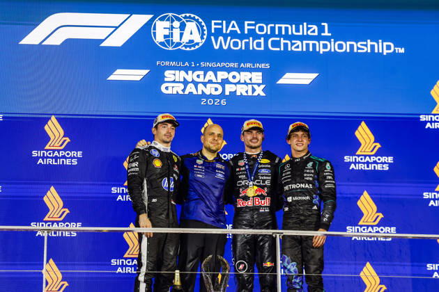 F1 - SINGAPORE GRAND PRIX 2026 LECLERC Charles (mco), Scuderia Ferrari SF-26, VERSTAPPEN Max (nld), Red Bull Racing Ford RB22, VERSTAPPEN Max (nld), Red Bull Racing Ford RB22, KIMI ANTONELLI Andrea (ita), Mercedes AMG F1 Team W16, portrait, podium during the 2026 Formula 1 Singapore Grand Prix, 17th round of the 2026 Formula One World Championship, WM, Weltmeisterschaft from October 9 to 11, 2026 on the Marina Bay Street Circuit, in Singapore, Singapore - SingaporeSingapore Copyright: xJulienxDelfossex