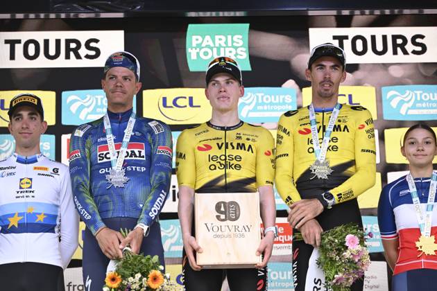 Paris Tours 2026 Cycling Race TOURS, FRANCE - OCTOBER 11 : Stuyven Jasper (BEL) of Soudal Quick-Step, Hagenes Per Strand (NOR) of Team Visma I Lease a Bike and Laporte Christophe (FRA) of Team Visma I Lease a Bike pictured during the podium ceremony of the 120th edition of Paris Tours an UCI ProSeries 1.Pro one day cycling road race for Men Elite of 216.2 km with start in Chartres and finish in Tours on October 11, 2026 in Tours, France, 11 10 2026 ( Motordriver Guy De Vuyst - Tours France  Copyright: xNicoxVereeckenx