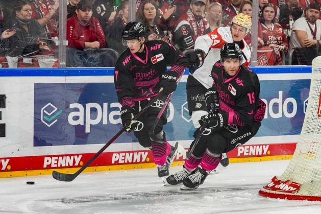 Ice Hockey: Penny DEL, Matchday 8—Cologne Sharks vs. Nuremberg Ice Tigers on October 11, 2026, at the Lanxess Arena in Cologne. Carlos Händel (Cologne), left: Josef Eham (Nuremberg), center: Frederik Storm (Cologne), right: In accordance with the regulations of the DEL (German Ice Hockey League), the publication and further use of these images in electronic media and on devices of any kind during the game is not permitted. xDMx