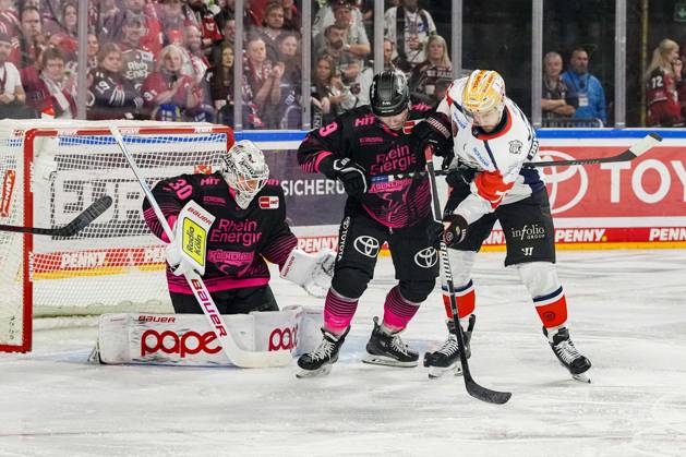 Ice Hockey: Penny DEL, Matchday 8—Cologne Sharks vs. Nuremberg Ice Tigers on October 11, 2026, at the Lanxess Arena in Cologne. Janne Juvonen (Cologne), left: Frederik Storm (Cologne), center: Austin Magera (Nuremberg), right: In accordance with the regulations of the DEL (German Ice Hockey League), the publication and further use of the footage in electronic media and on devices of any kind during the game is not permitted xDMx