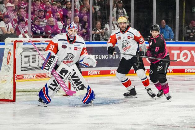 Ice Hockey: Penny DEL, Matchday 8—Cologne Sharks vs. Nuremberg Ice Tigers on October 11, 2026, at the Lanxess Arena in Cologne. Niklas Treutle (Nuremberg), left: Constantin Braun (Nuremberg), center: Markus Ljungh (Cologne), right: In accordance with the regulations of the DEL (German Ice Hockey League), the publication and further use of the images in electronic media and on devices of any kind during the game is not permitted xDMx