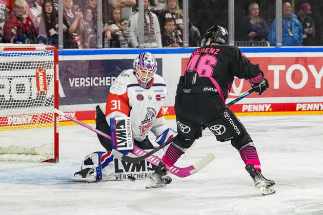 Ice Hockey: Penny DEL, Matchday 8—Cologne Sharks vs. Nuremberg Ice Tigers on October 11, 2026, at the Lanxess Arena in Cologne. Kevin Niedenz of Cologne (right) is stopped by Niklas Treutle of Nuremberg, on the left. In accordance with the regulations of the DEL (German Ice Hockey League), the publication and further use of the footage in electronic media and on devices of any kind during the game is not permitted. xDMx