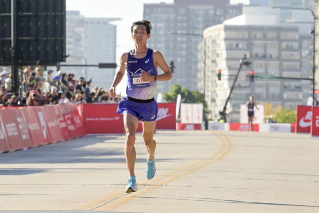 Tomoki Ota of Japan crosses the finish line with a time of 02:11:52 placing 26th over all placing during 2026 Bank of America Chicago Marathon in Chicago on Sunday, Oct. 11, 2026. CHI20261011111 MARKxBLACK