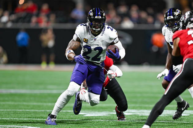 ATLANTA, GA - OCTOBER 11: Baltimore running back Derrick Henry (22) runs the ball during the NFL, American Football Herren, USA game between the Baltimore Ravens and the Atlanta Falcons on October 11th, 2026 at Mercedes-Benz Stadium in Atlanta, GA. (Photo by Rich von Biberstein Icon Sportswire) NFL: OCT 11 Ravens at Falcons EDITORIAL USE ONLY Icon261011007