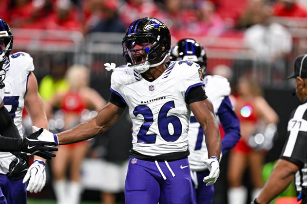 ATLANTA, GA - OCTOBER 11: Baltimore running back Rasheen Ali (26) reacts during the NFL, American Football Herren, USA game between the Baltimore Ravens and the Atlanta Falcons on October 11th, 2026 at Mercedes-Benz Stadium in Atlanta, GA. (Photo by Rich von Biberstein Icon Sportswire) NFL: OCT 11 Ravens at Falcons EDITORIAL USE ONLY Icon261011013