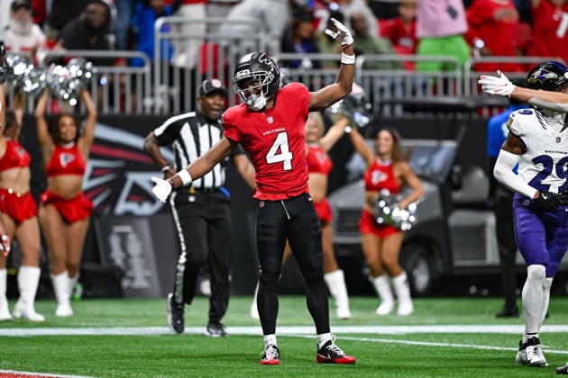 ATLANTA, GA - OCTOBER 11: Atlanta wide receiver Jahan Dotson (4) reacts after a reception during the NFL, American Football Herren, USA game between the Baltimore Ravens and the Atlanta Falcons on October 11th, 2026 at Mercedes-Benz Stadium in Atlanta, GA. (Photo by Rich von Biberstein Icon Sportswire) NFL: OCT 11 Ravens at Falcons EDITORIAL USE ONLY Icon261011014