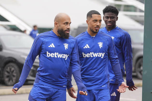 Manchester United, ManU Training, Champions League Bryan Mbeumo, Youri Tielemans and Carlos Baleba of Manchester United walk out to the training pitches before the Manchester United Training Session at Carrington Training Centre, ahead of the UEFA Champions League Matchday 2 v Atletico Madrid, Manchester, England on 12 October 2026 Credit: Steve Flynn Every Second Media Editorial use only. All images are copyright Every Second Media Limited. No images may be reproduced without prior permission. Copyright: xIMAGO EveryxSecondxMediax ESM-2213-0014 StevexFlynnx xEveryxSecondxMediax
