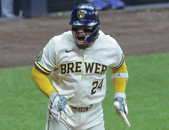 Milwaukee Brewers William Contreras (24) reacts after hitting an rbi-single against the Los Angeles Dodgers in the sixth inning in game two of the MLB, Baseball Herren, USA National League Championship Series at American Family Field in Milwaukee, Wisconsin, on Monday, October 12, 2026.  MIL20261012733 TANNENxMAURY