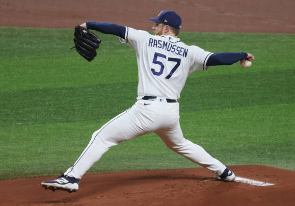 Tampa Bay Rays pitcher Drew Rasmussen (57) throws against the Cleveland Guardians in the first inning in game one of the MLB, Baseball Herren, USA American League Championship Series playoff at Raymond James Stadium in Tampa, Florida, on Monday, October 12, 2026.  TPB20261012702 GARYxBOGDON