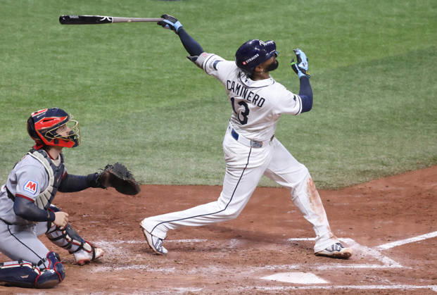 Tampa Bay Rays Junior Caminero (13) flies out against the Cleveland Guardians in the third inning in game one of the MLB, Baseball Herren, USA American League Championship Series playoff at Raymond James Stadium in Tampa, Florida, on Monday, October 12, 2026.  TPB20261012708 GARYxBOGDON
