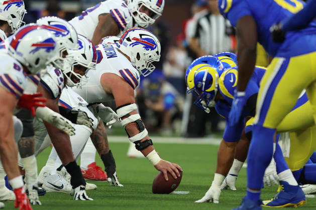 INGLEWOOD, CA - OCTOBER 12: Connor McGovern 66 of the Buffalo Bills prepares to snap the ball during an NFL, American Football Herren, USA game between the Buffalo Bills and the Los Angeles Rams on October 12, 2026, at SoFi Stadium in Inglewood, California. (Photo by Greg Fiore Icon Sportswire) NFL: OCT 12 Bills at Rams EDITORIAL USE ONLY Icon2610121151