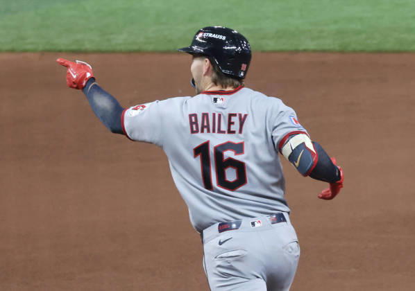 Cleveland Guardians Patrick Bailey (16) runs the bases after hitting a solo home run against the Tampa Bay Rays in the seventh inning in game one of the MLB, Baseball Herren, USA American League Championship Series playoff at Raymond James Stadium in Tampa, Florida, on Monday, October 12, 2026.  TPB20261012713 GARYxBOGDON