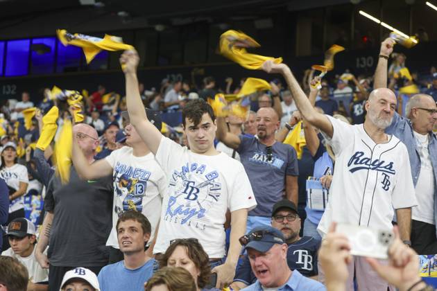 October 12, 2026, St. Petersburg, Florida, USA: Tampa Bay Rays fans twirl towels before the start of Game 1 of the American League Championship Series between the Tampa Bay Rays and the gainst the Cleveland Guardians on Monday, Oct. 12, 2026, at Tropicana Field in St. Petersburg. St. Petersburg USA - ZUMAs70_ 0869261359st Copyright: xDirkxShaddx