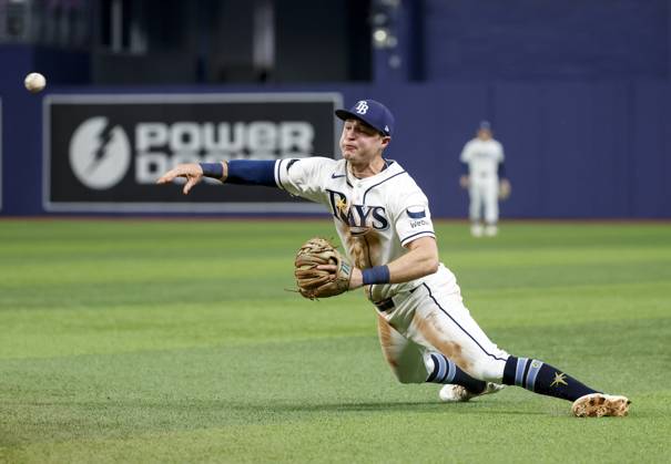 October 12, 2026, St. Petersburg, Florida, USA: Tampa Bay Rays second baseman Ben Williamson (15) fields a hit by Cleveland Guardians right fielder Jo Adell (7) during the third inning of Game 1 of the American League Championship Series between the Tampa Bay Rays and the Cleveland Guardians on Monday, Oct. 12, 2026, at Tropicana Field in St. Petersburg. St. Petersburg USA - ZUMAs70_ 0869261802st Copyright: xDirkxShaddx