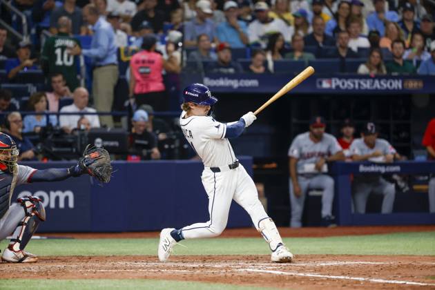 October 12, 2026, St. Petersburg, Florida, USA: Tampa Bay Rays right fielder Jonny DeLuca (21) singles on a line drive to left fielder Steven Kwan (38) during the fourth inning of Game 1 of the American League Championship Series between the Tampa Bay Rays and the Cleveland Guardians on Monday, Oct. 12, 2026, at Tropicana Field in St. Petersburg. St. Petersburg USA - ZUMAs70_ 0869262016st Copyright: xDirkxShaddx