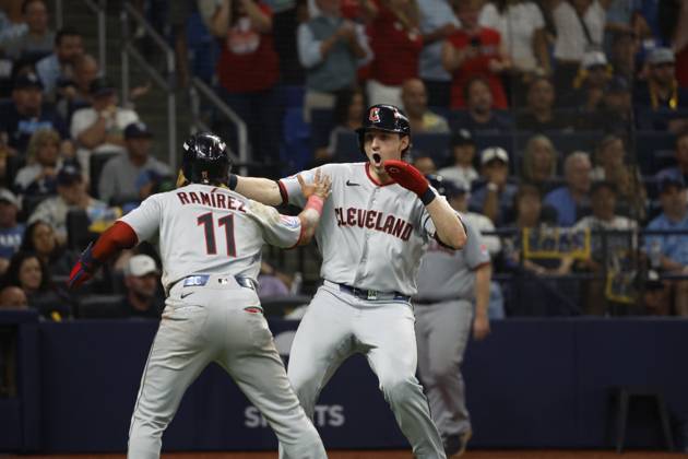 October 12, 2026, St. Petersburg, Florida, USA: Cleveland Guardians right fielder Chase DeLauter (24) celebrates with Cleveland Guardians third baseman Joso RamoÂ­rez (11) during the 8th inning of Game 1 of the American League Championship Series between the Tampa Bay Rays and the gainst the Cleveland Guardians on Monday, Oct. 12, 2026, at Tropicana Field in St. Petersburg. St. Petersburg USA - ZUMAs70_ 0869263890st Copyright: xJeffereexWoox