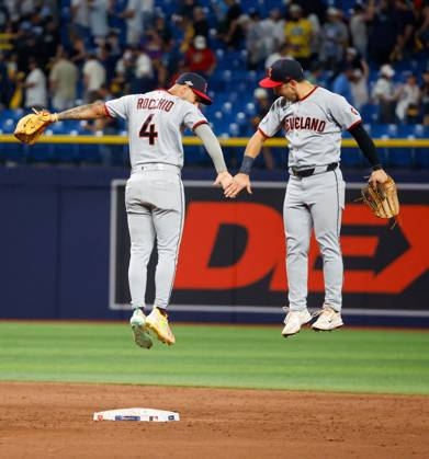 October 12, 2026, St. Petersburg, Florida, USA: Cleveland Guardians shortstop Brayan Rocchio (4) and left fielder Steven Kwan (38) celebrate, when the Guardians defeat the Tampa Bay Rays, 7-3, during the end of the game at Tropicana Field on Monday, Oct. 12, 2026, in St. Petersburg. St. Petersburg USA - ZUMAs70_ 0869264097st Copyright: xJeffereexWoox