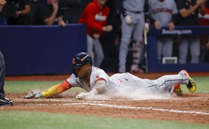 October 12, 2026, St. Petersburg, Florida, USA: Cleveland Guardians left fielder Angel MartoÂ­nez (1) scores on a hit by Cleveland Guardians third baseman Joso RamoÂ­rez (11) during the ninth inning of Game 1 of the American League Championship Series between the Tampa Bay Rays and the gainst the Cleveland Guardians on Monday, Oct. 12, 2026, at Tropicana Field in St. Petersburg. St. Petersburg USA - ZUMAs70_ 0869264112st Copyright: xJeffereexWoox