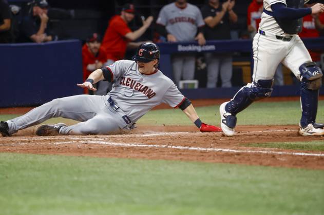 October 12, 2026, St. Petersburg, Florida, USA: Cleveland Guardians right fielder Chase DeLauter (24) scores during the ninth inning of Game 1 of the American League Championship Series between the Tampa Bay Rays and the gainst the Cleveland Guardians on Monday, Oct. 12, 2026, at Tropicana Field in St. Petersburg. St. Petersburg USA - ZUMAs70_ 0869264116st Copyright: xJeffereexWoox