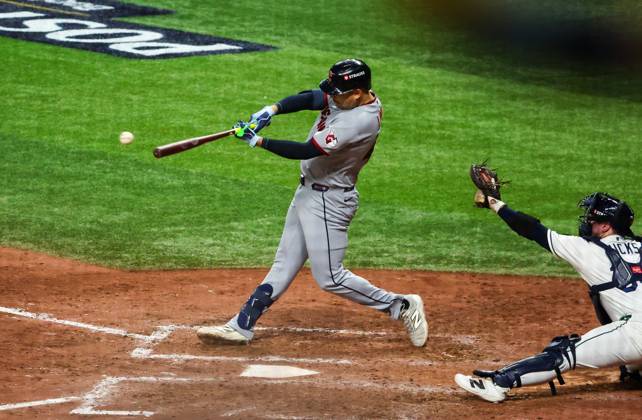 October 12, 2026, St. Petersburg, Florida, USA: Cleveland Guardians first baseman Nathaniel Lowe (46) connects for a two run single against the Tampa Bay Rays in the eighth inning during the American League Championship Series game 1 at Tropicana Field on Monday, Oct. 12, 2026 in St. Petersburg. St. Petersburg USA - ZUMAs70_ 0869264481st Copyright: xDirkxShaddx