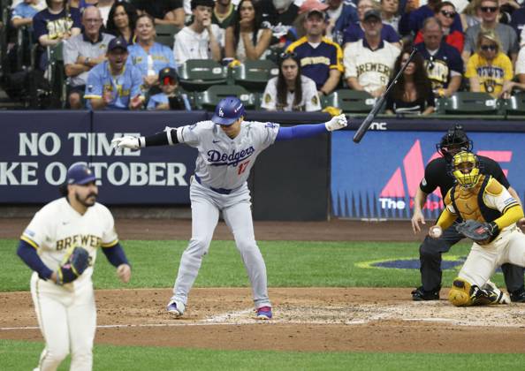 Baseball: Championship Series between Dodgers and Brewers Los Angeles Dodgers designated hitter Shohei Ohtani strikes out swinging in the sixth inning of Game 2 of the National League Championship Series against the Milwaukee Brewers at American Family Field in Milwaukee, Wisconsin, on Oct. 12, 2026.  A14AA0005630725P