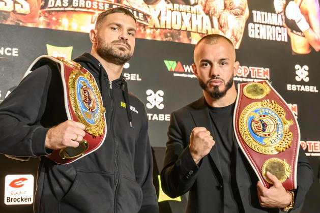 Pictured, from left: Roman Fress, Armend Xhoxhaj, GER, Magdeburg, SES; first press conference ahead of the SES Boxing Gala on Saturday, November 14, 2026, at Messe Magdeburg, October 13, 2026, Copyright: HMBxMedia UwexKoch