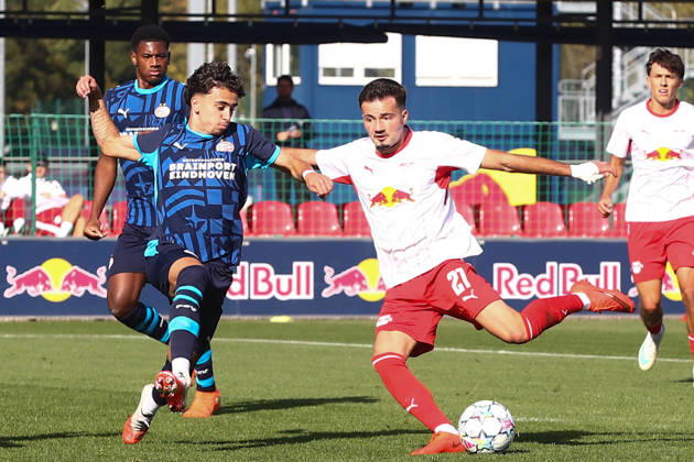RB Leipzig U19 vs. PSV Eindhoven U19, UEFA Youth League, Leipzig, October 13, 2026, Cottaweg Training Center, Soccer, 2026–2027 Season, U19 Juniors, UEFA Youth League, Matchday 2, RB Leipzig U19 vs. PSV Eindhoven U19, Pictured: Goal for RB Leipzig, Din Klapija 21, RB scores to make it 1–0, For editorial use only, UEFA regulations prohibit any use of photographs as image sequences and or quasi-video,