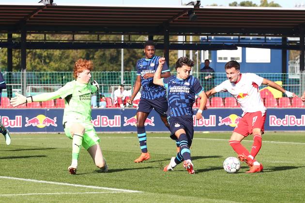 RB Leipzig U19 vs. PSV Eindhoven U19, UEFA Youth League, Leipzig, October 13, 2026, Cottaweg Training Center, Soccer, 2026–2027 Season, U19 Juniors, UEFA Youth League, Matchday 2, RB Leipzig U19 vs. PSV Eindhoven U19, Pictured: Goal for RB Leipzig, Din Klapija 21, RB scores to make it 1–0, For editorial use only, UEFA regulations prohibit any use of photographs as image sequences and or quasi-video,