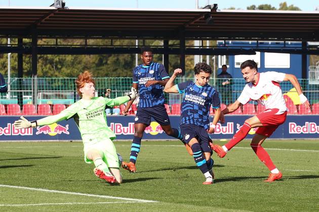 RB Leipzig U19 vs. PSV Eindhoven U19, UEFA Youth League, Leipzig, October 13, 2026, Cottaweg Training Center, Soccer, 2026–2027 Season, U19 Juniors, UEFA Youth League, Matchday 2, RB Leipzig U19 vs. PSV Eindhoven U19, Pictured: Goal for RB Leipzig, Din Klapija 21, RB scores to make it 1–0, For editorial use only, UEFA regulations prohibit any use of photographs as image sequences and or quasi-video,
