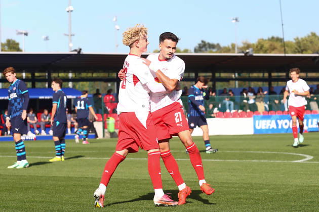 RB Leipzig U19 vs. PSV Eindhoven U19, UEFA Youth League, Leipzig, October 13, 2026, Cottaweg Training Center, Soccer, 2026–2027 Season, U19 Juniors, UEFA Youth League, Matchday 2, RB Leipzig U19 vs. PSV Eindhoven U19, Pictured: Goal for RB Leipzig, goal celebration after the 1–0, goal scorer Din Klapija, 21, RB, For editorial use only, UEFA regulations prohibit any use of photographs as image sequences and or quasi-video,